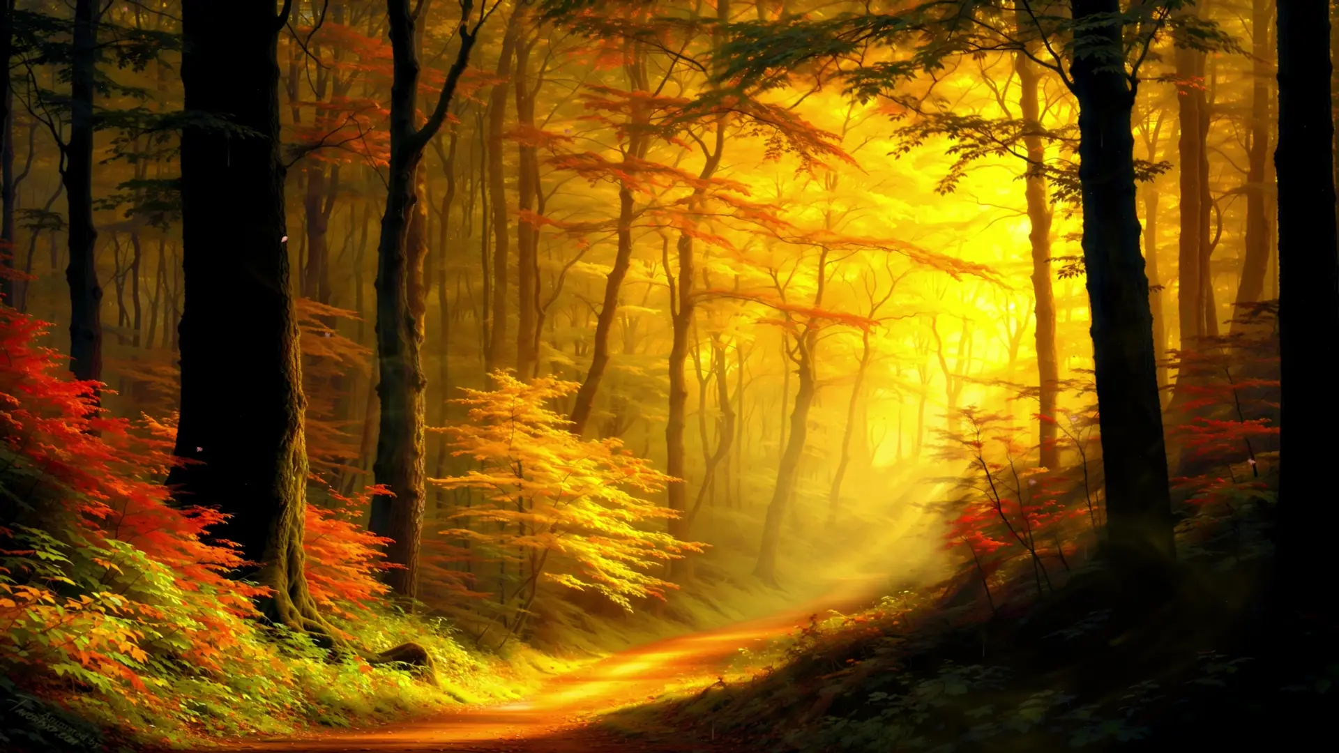 Golden Autumn Forest Path live wallpaper for desktop