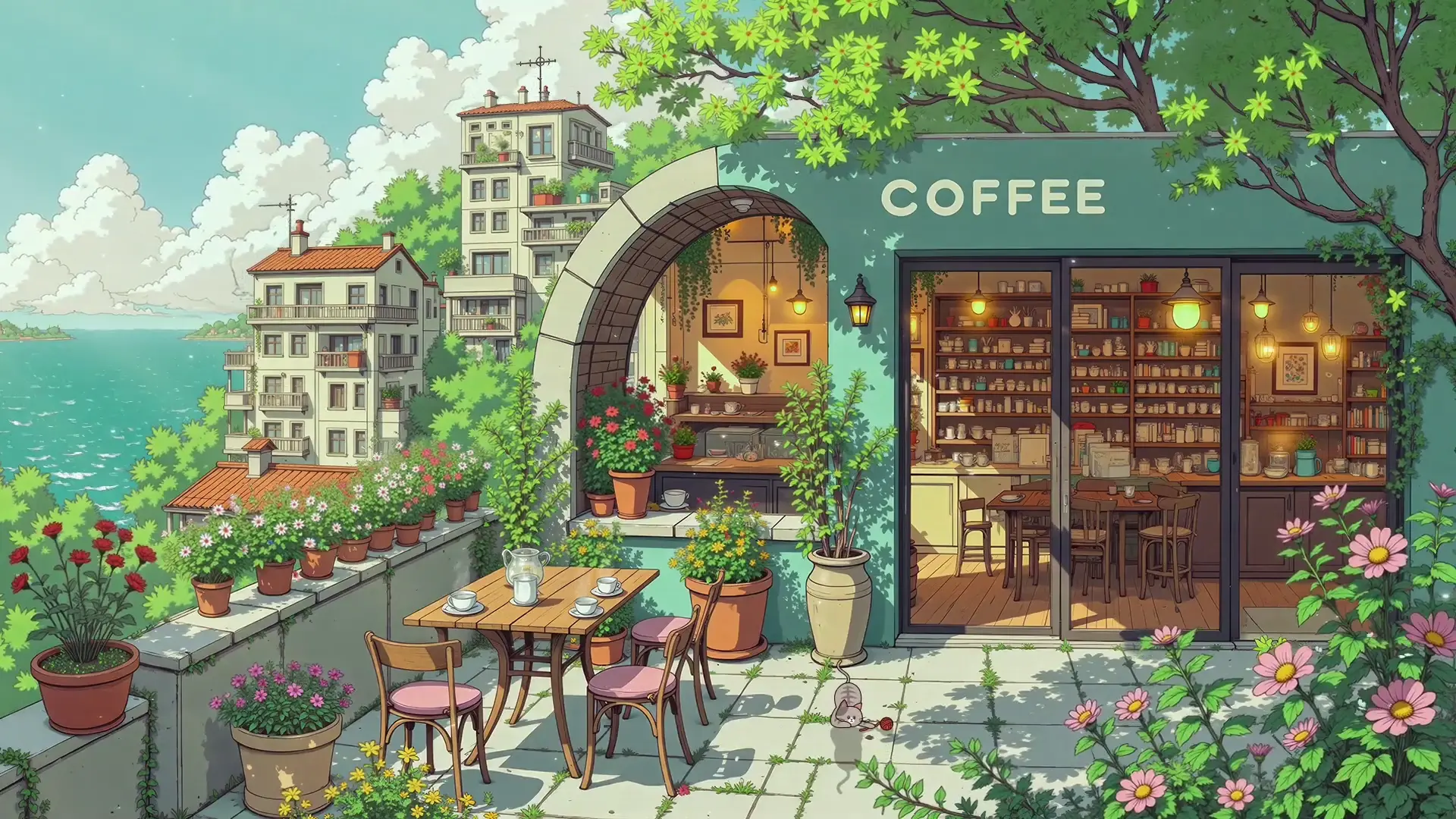 Seaside Garden Coffee Shop live wallpaper for desktop