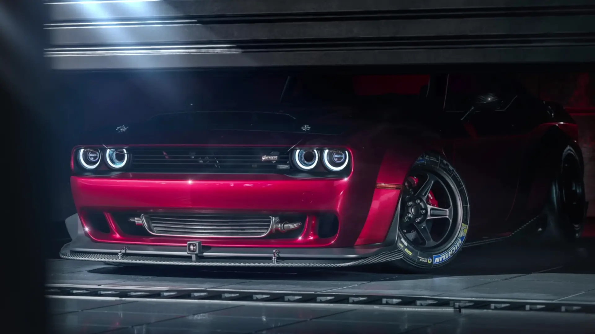 Red Dodge Challenger Hellcat Neon Garage live wallpaper for desktop