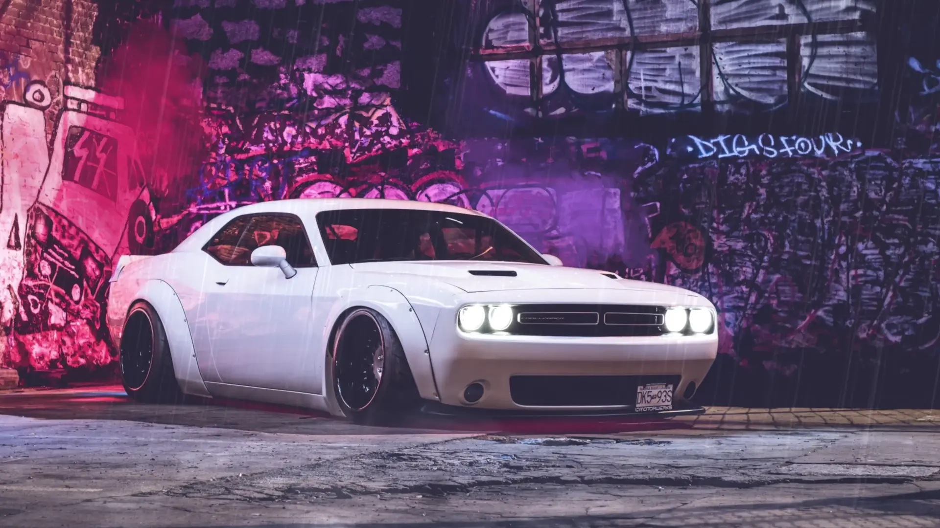 White Dodge Challenger Street Neon Rain live wallpaper for desktop