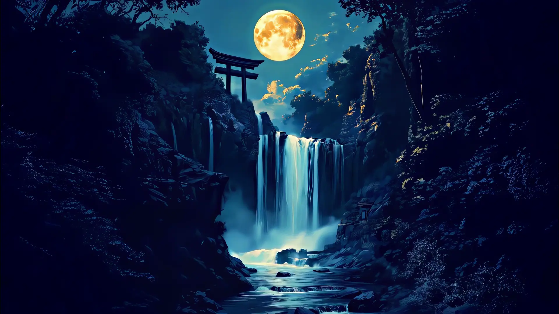 Moonlit Torii Waterfall live wallpaper for desktop