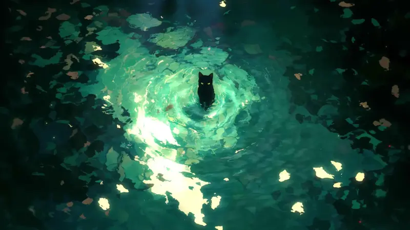 Black Cat in Glowing Water Circle