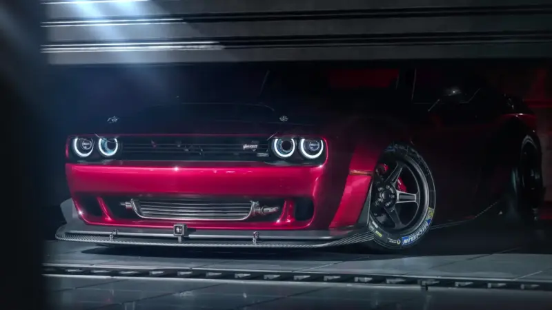 Red Dodge Challenger Hellcat Neon Garage