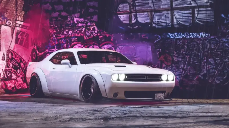 White Dodge Challenger Street Neon Rain