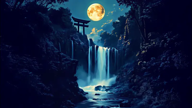 Moonlit Torii Waterfall