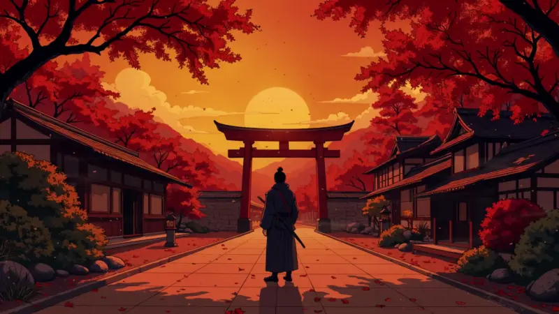 Samurai at the Torii Gate Sunset