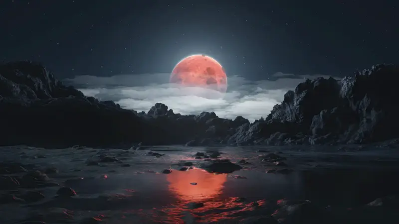 Crimson Moon Over Silent Tides