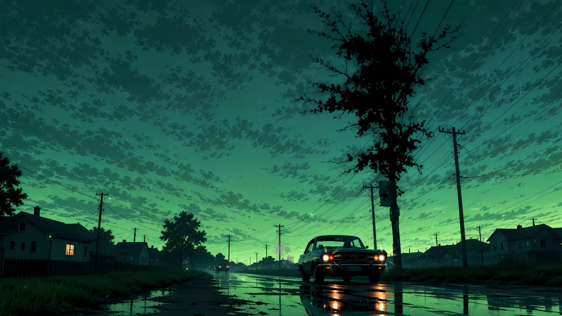 Rainy Green Suburb Drive live wallpaper for desktop