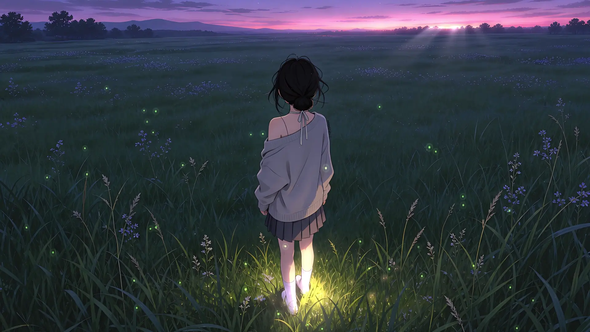 Anime Girl at Twilight Meadow live wallpaper for desktop