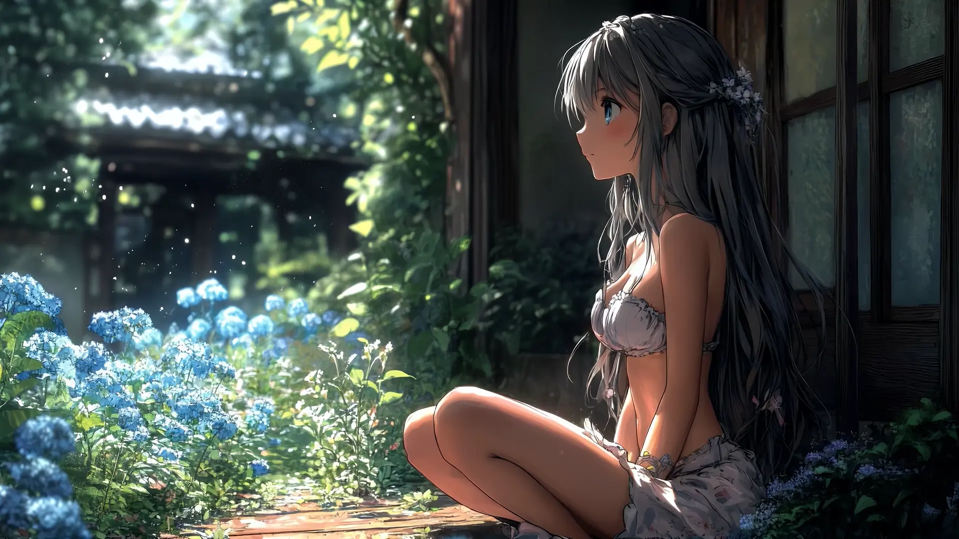Anime Girl Hydrangea Garden live wallpaper for desktop