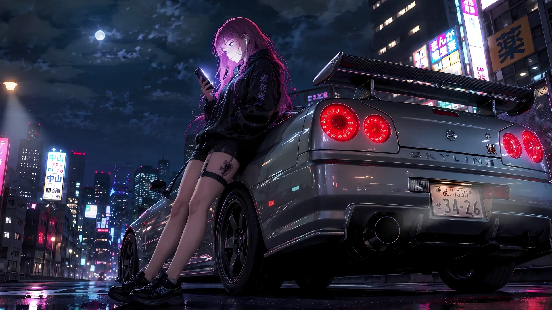 Anime Girl with Nissan Skyline GT-R live wallpaper for desktop
