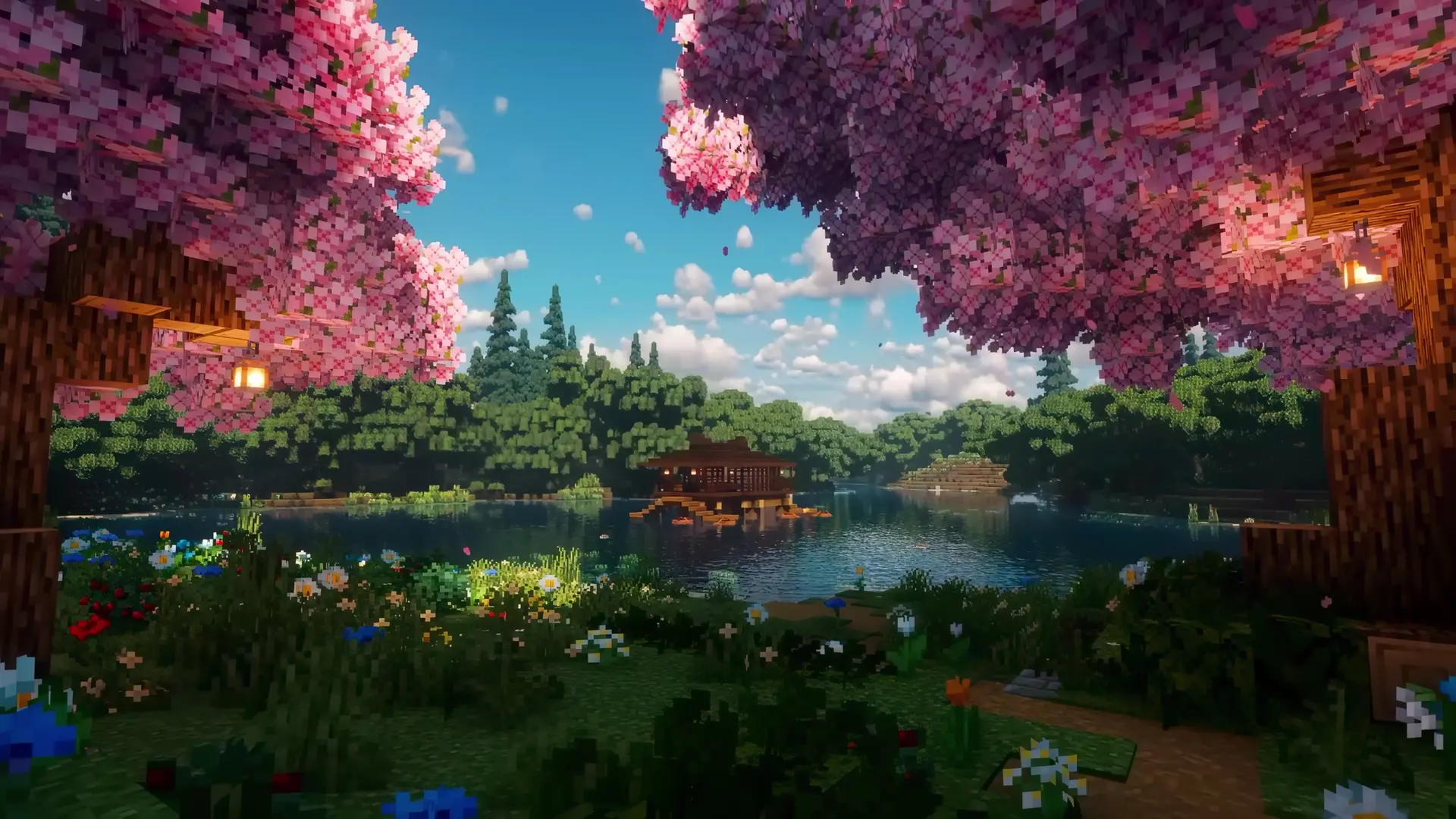 Minecraft Sakura Lake Retreat live wallpaper for desktop