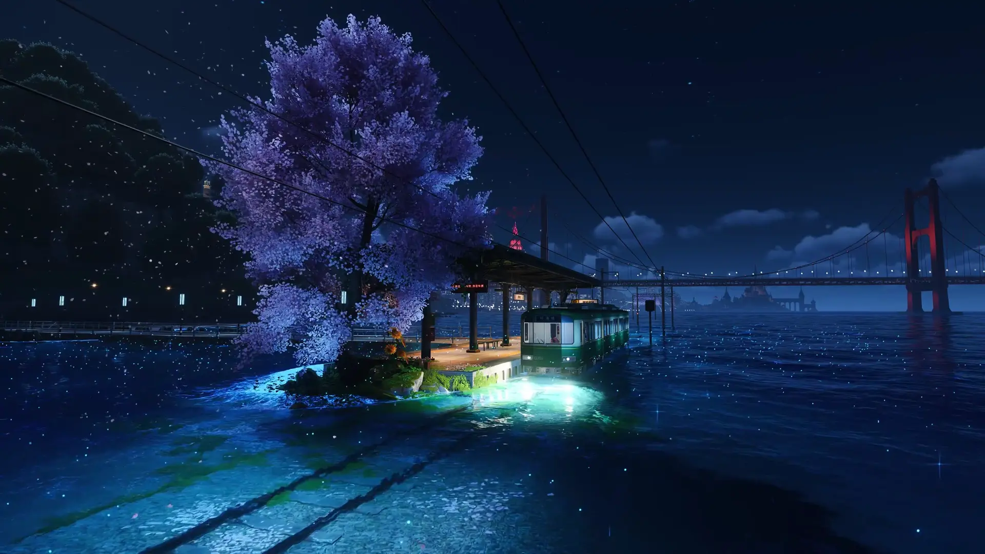 Midnight Sakura Train Station live wallpaper for desktop
