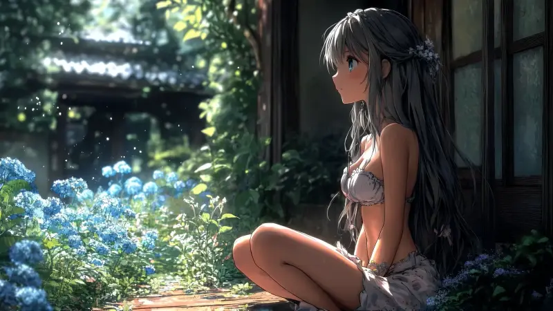 Anime Girl Hydrangea Garden