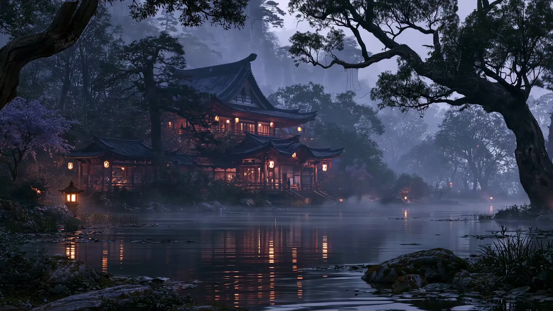 Misty Lakeside Pavilion live wallpaper for desktop
