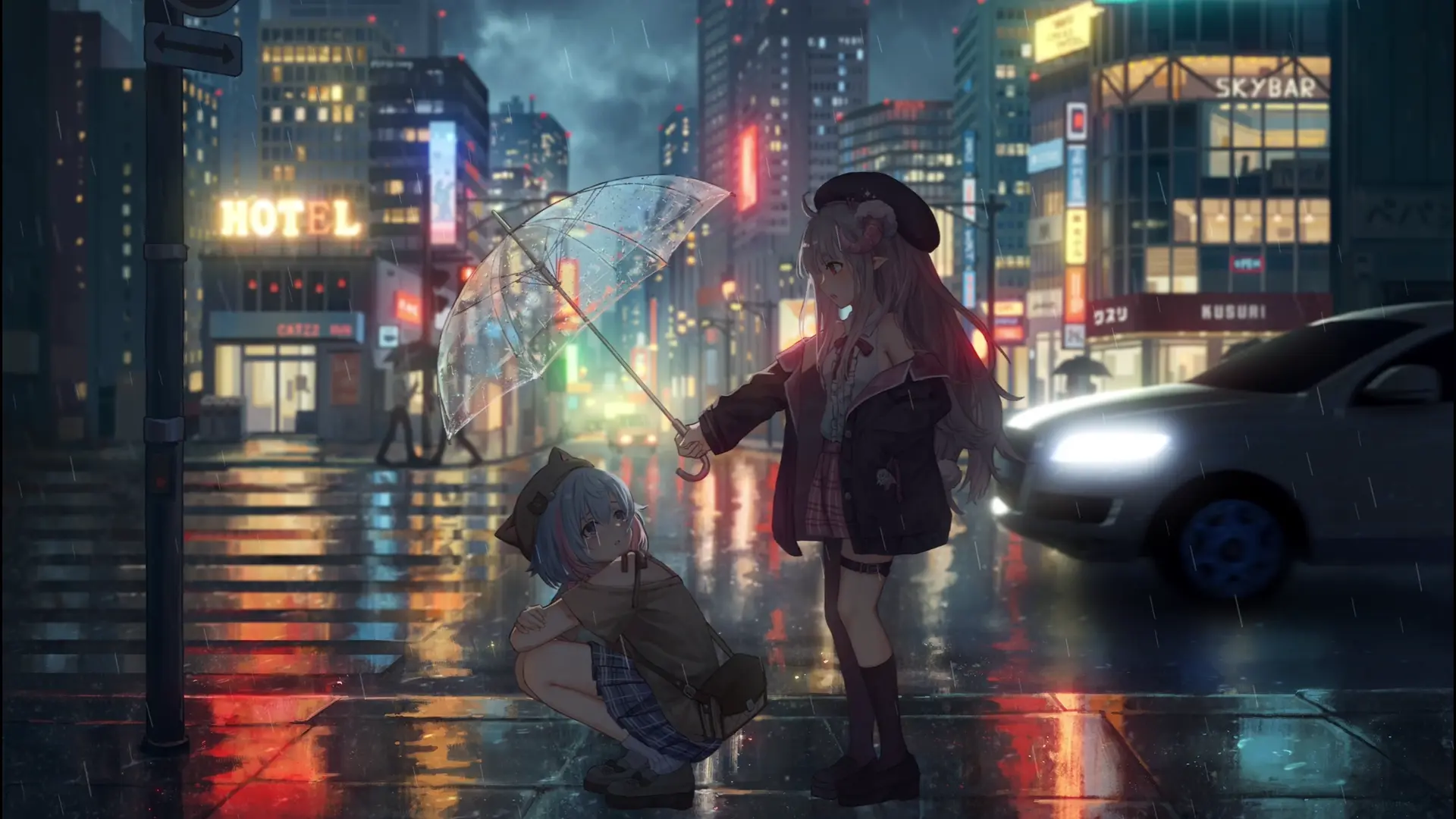 Anime Girls Rainy Neon City live wallpaper for desktop